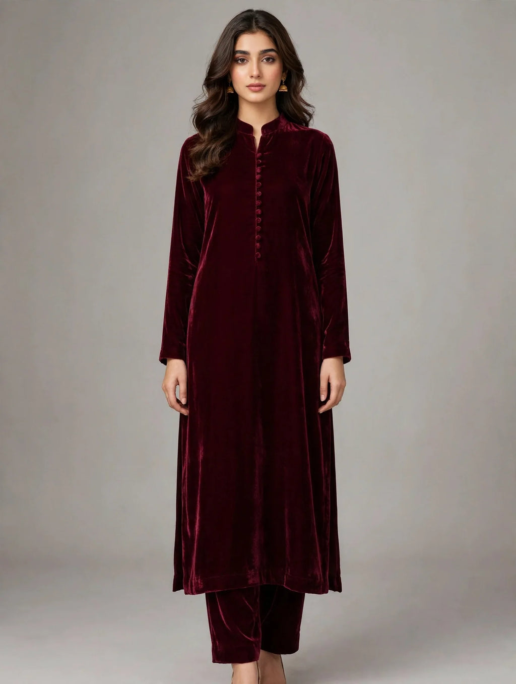 Deep Mehroon Premium Plain Velvet 2PC Suit