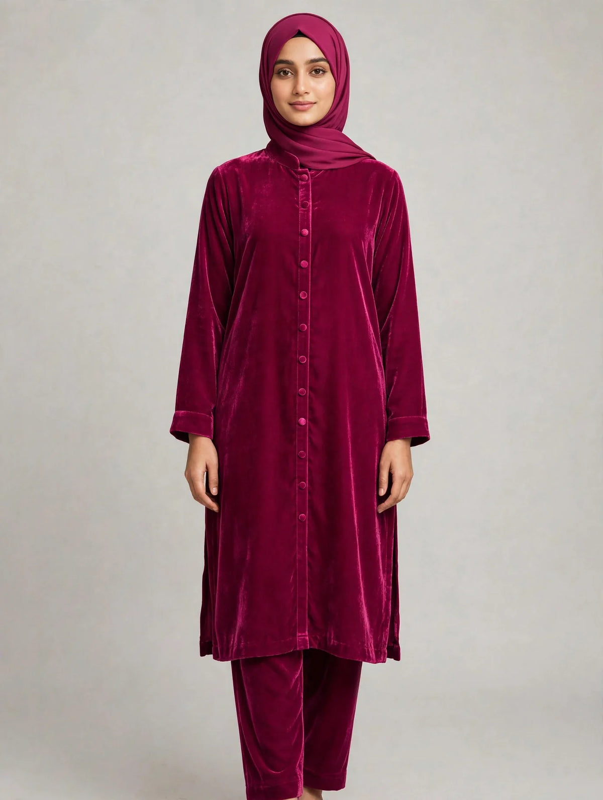 Shoking Pink Premium Plain Velvet 2PC Suit