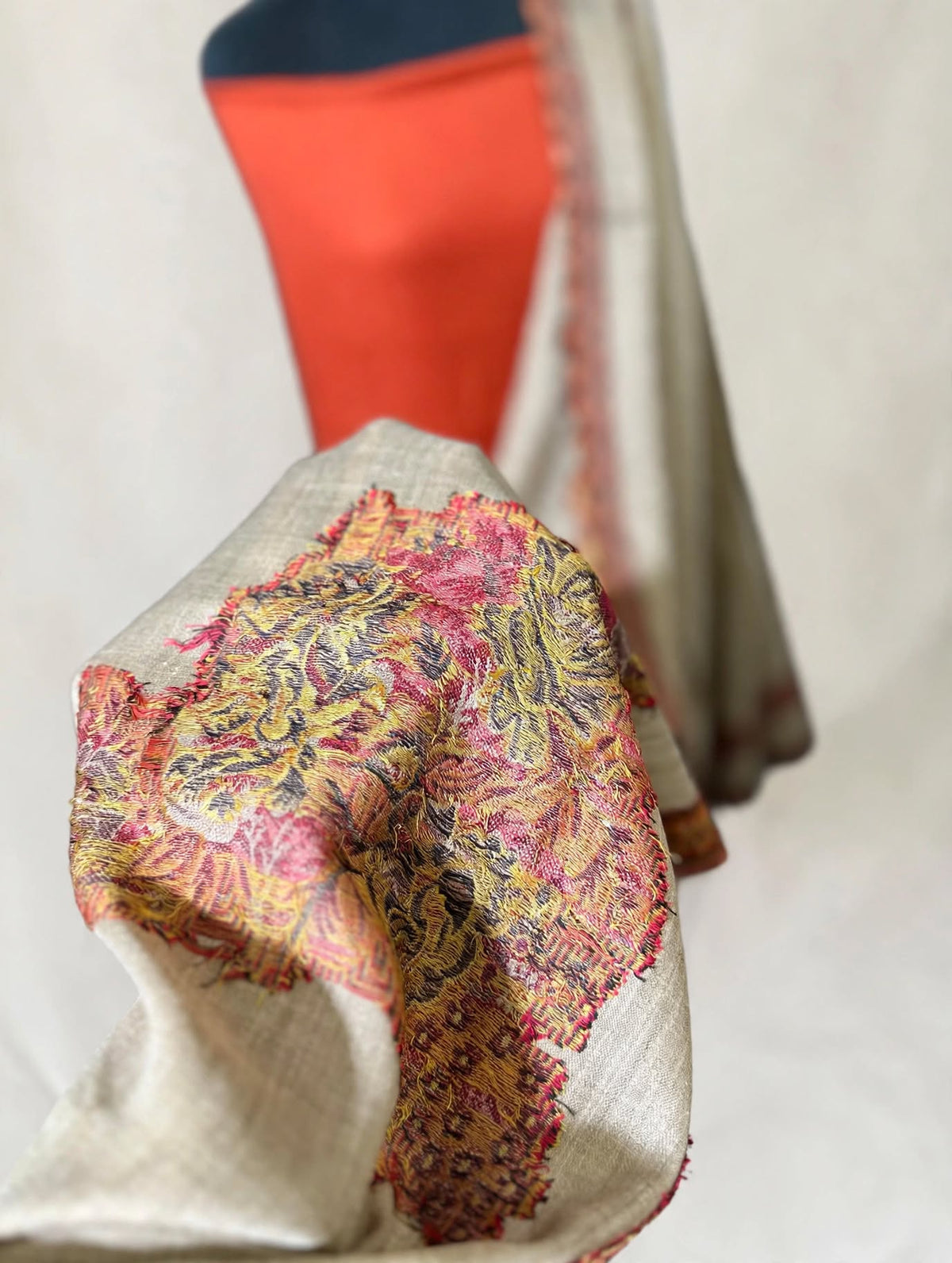Beige & Orange Rust Big Kani Pashmina Shawl