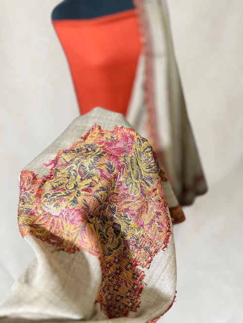 Beige & Orange Rust Big Kani Pashmina Shawl