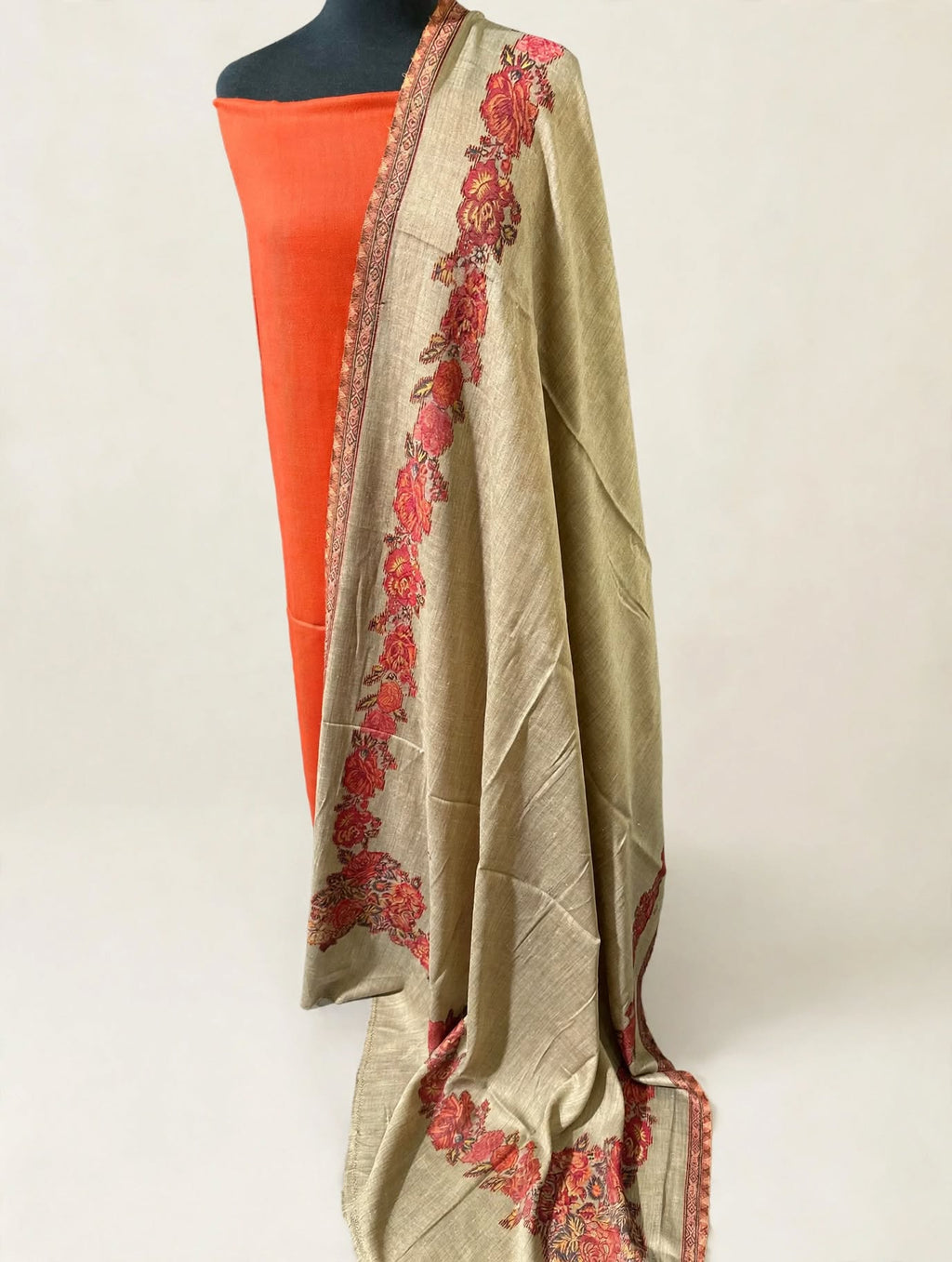 Beige & Orange Rust Big Kani Pashmina Shawl