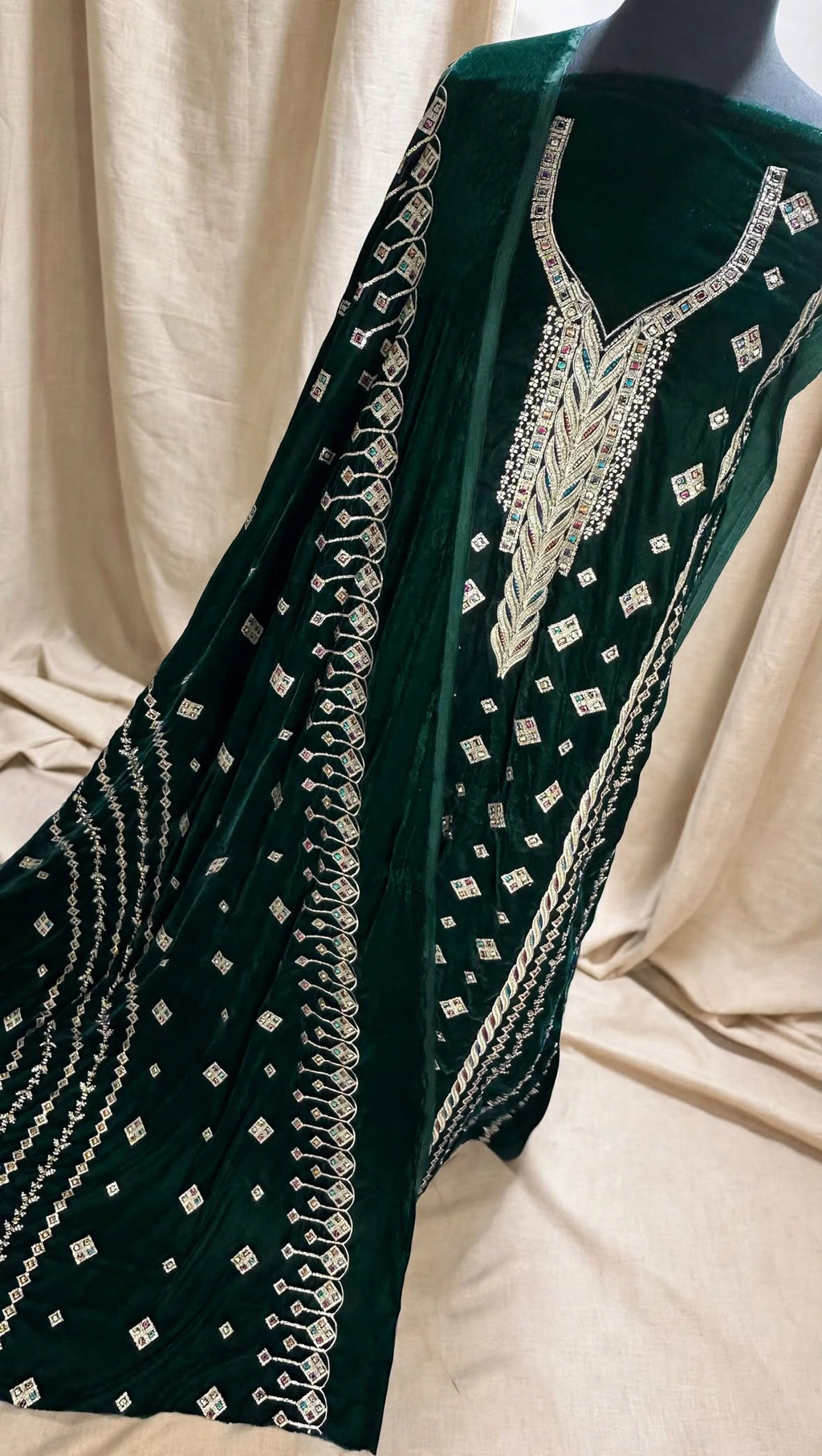 Bottle Green Velvet Embroidered 3-Piece Suit