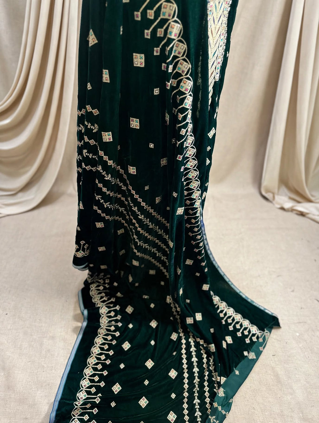 Bottle Green Velvet Embroidered 3-Piece Suit
