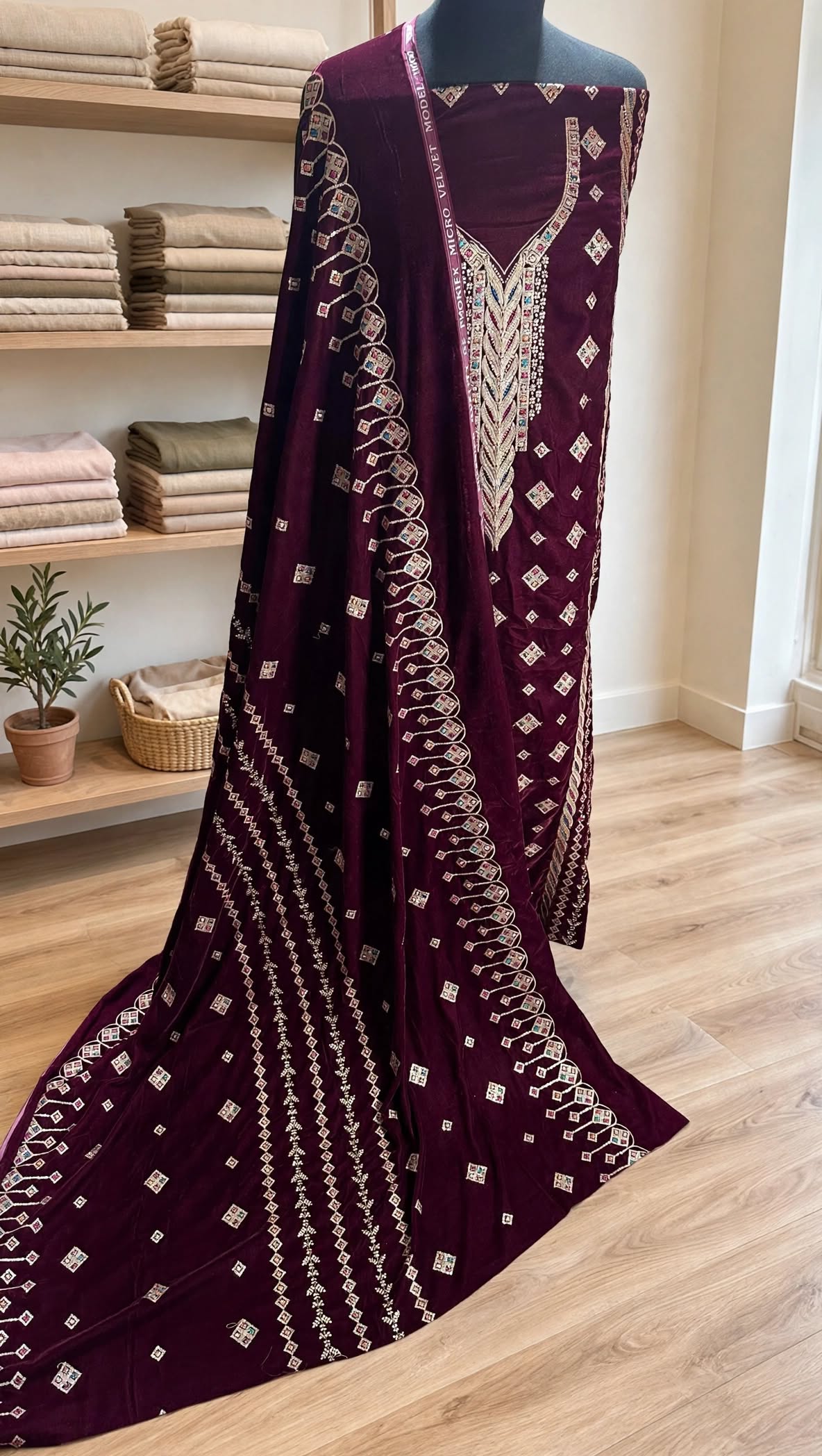 Deep Maroon Velvet Embroidered 3-Piece Suit