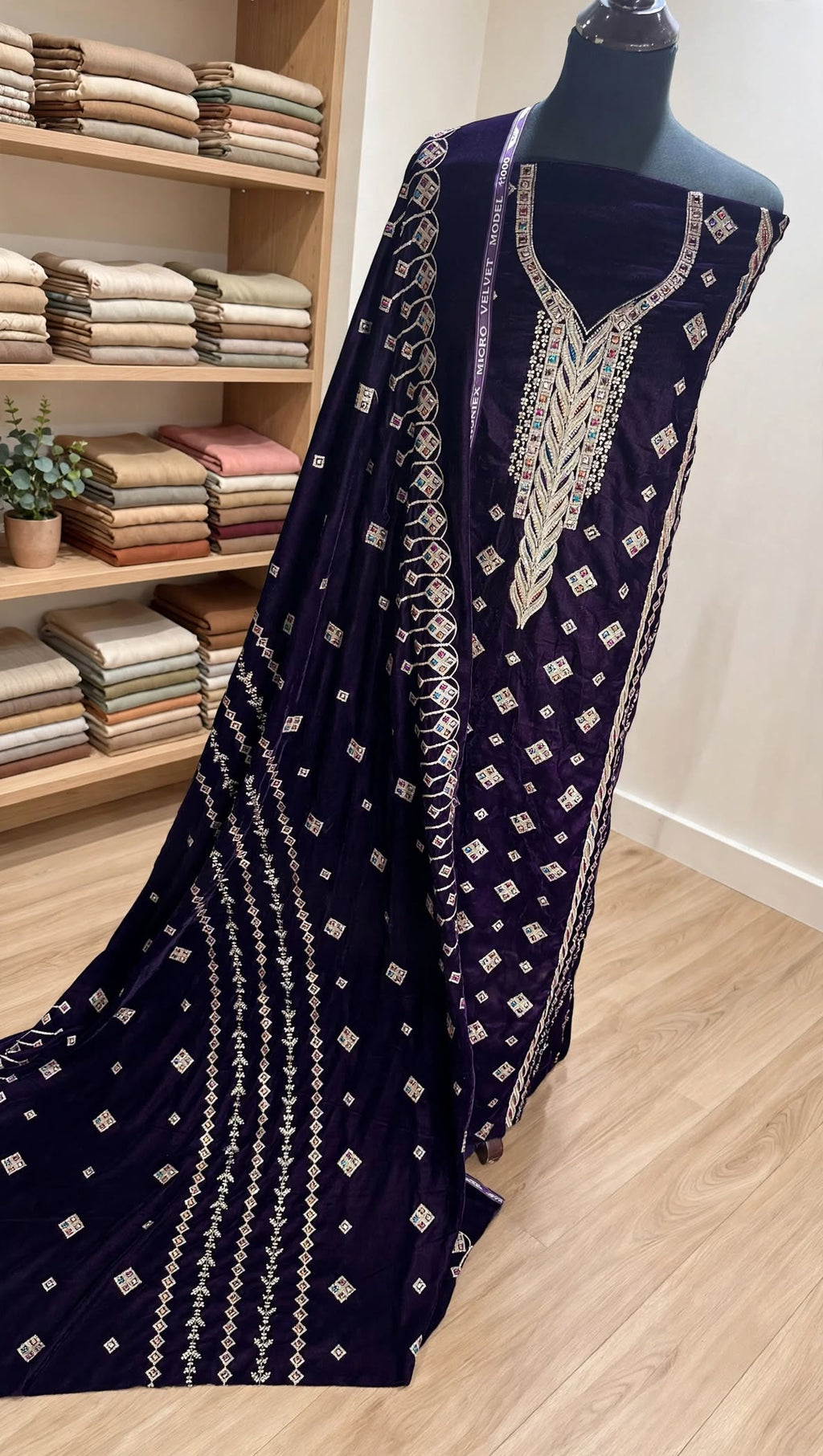 Brinjal Purple Velvet Embroidered 3-Piece Suit