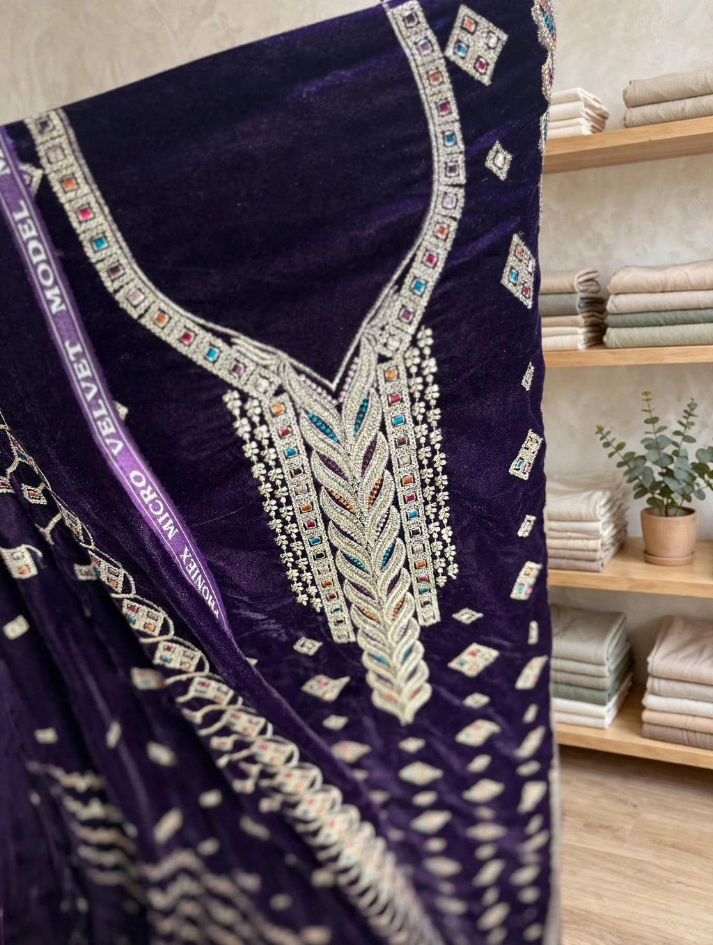 Brinjal Purple Velvet Embroidered 3-Piece Suit