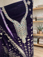 Brinjal Purple Velvet Embroidered 3-Piece Suit