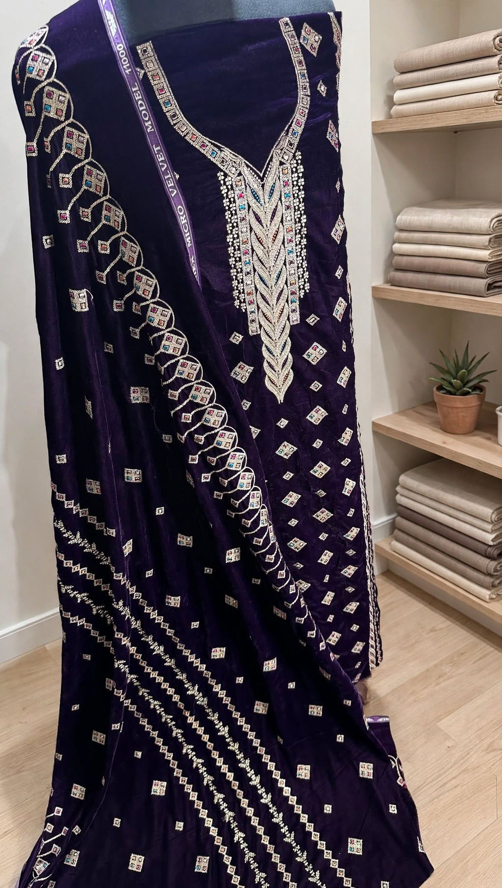 Brinjal Purple Velvet Embroidered 3-Piece Suit