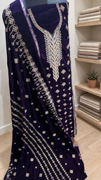 Brinjal Purple Velvet Embroidered 3-Piece Suit