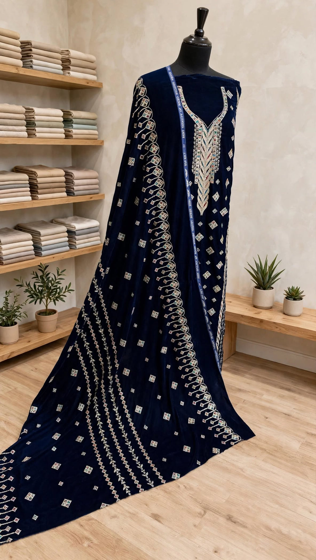 Premium Blue Velvet Embroidered 3-Piece Suit