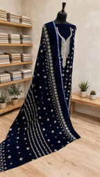 Premium Blue Velvet Embroidered 3-Piece Suit