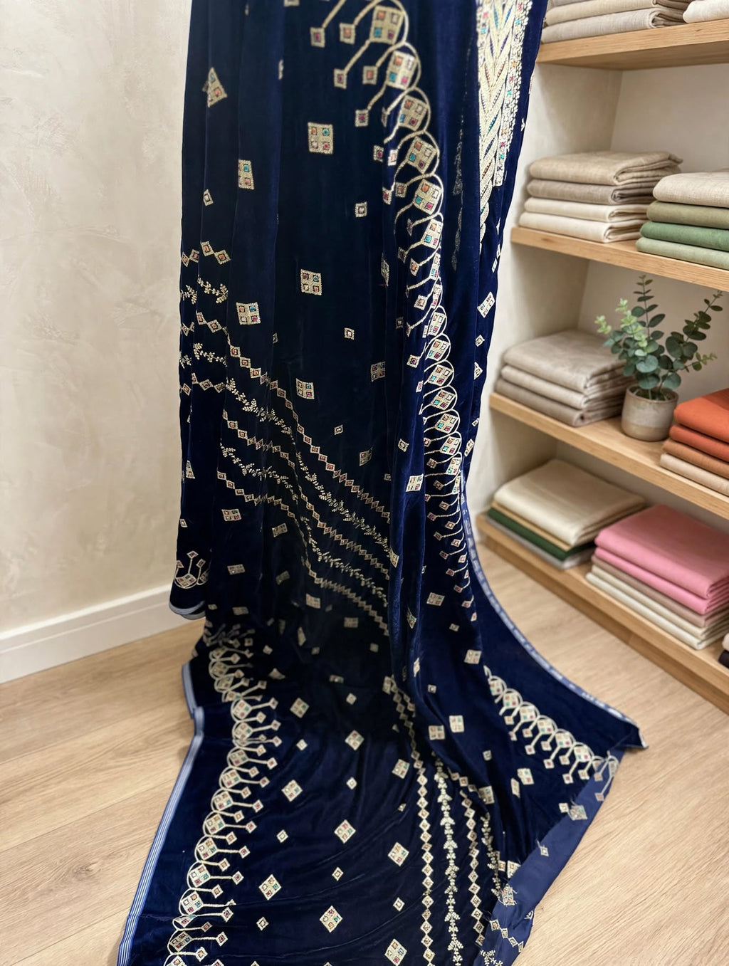 Premium Blue Velvet Embroidered 3-Piece Suit