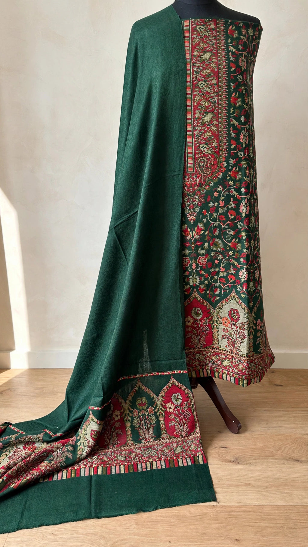 3pc Unstitched Bottle Green Moonlight Pashmina Suit