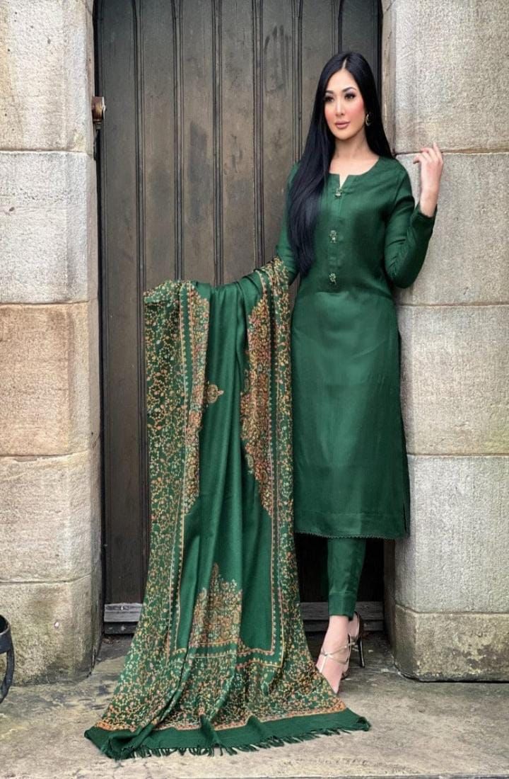 Bottle Green Kashmiri Kacha Tanka 3PC Suit